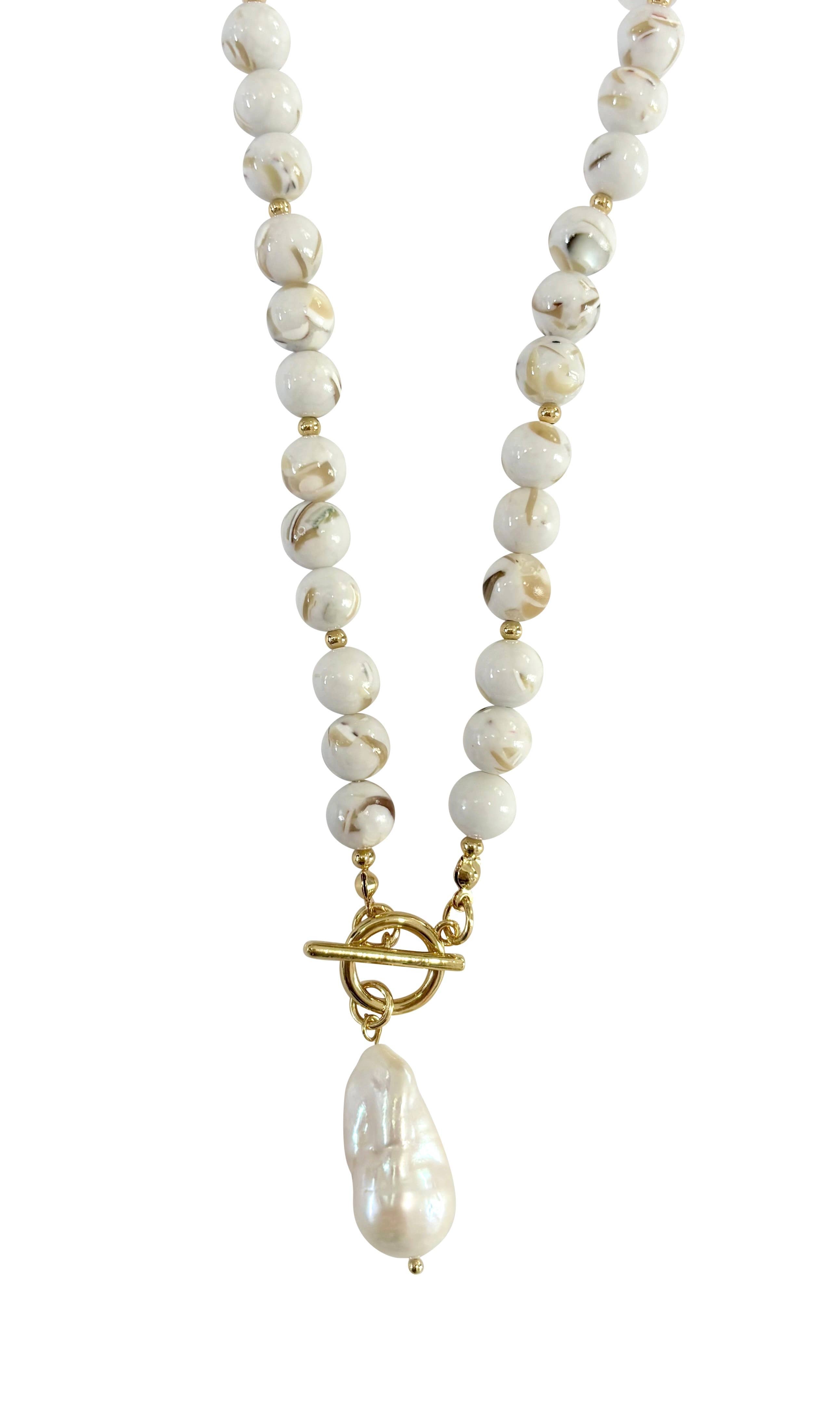 Sandy Beaded Necklace with Pearl Accent- Cream