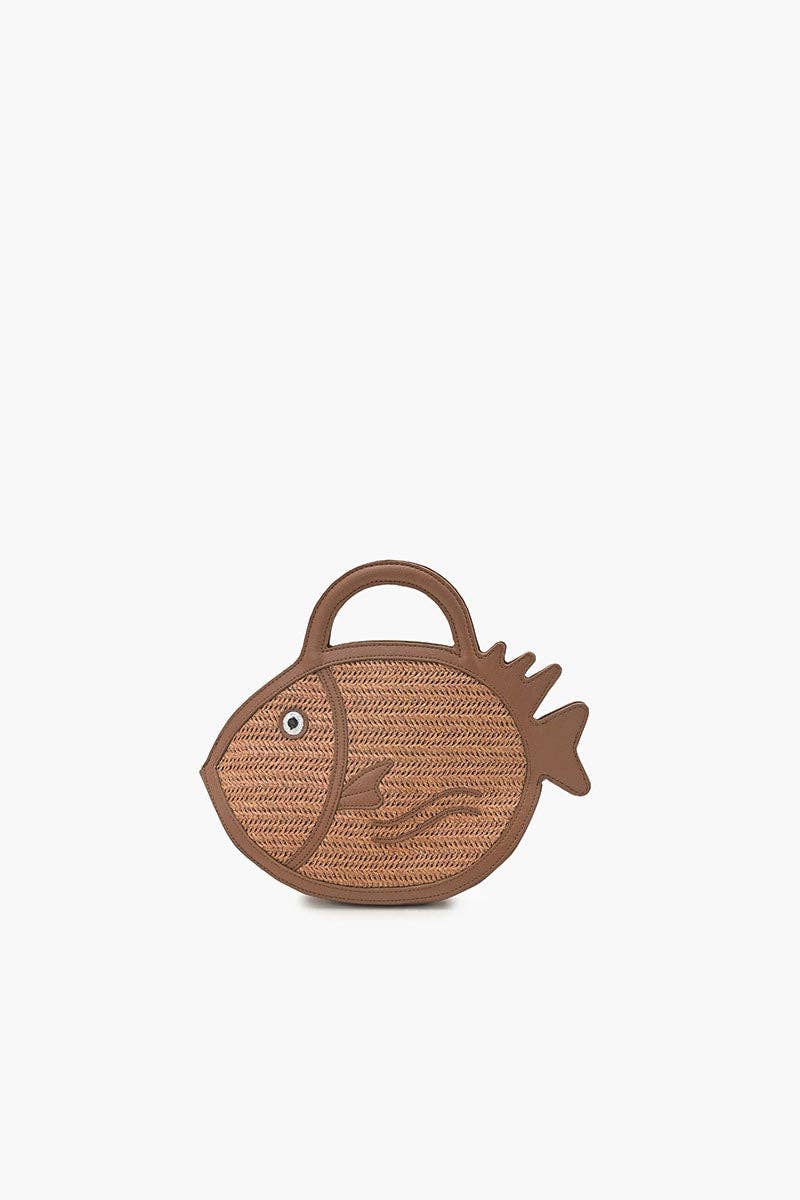 Brown Trim Fish Raffia Handheld Clutch